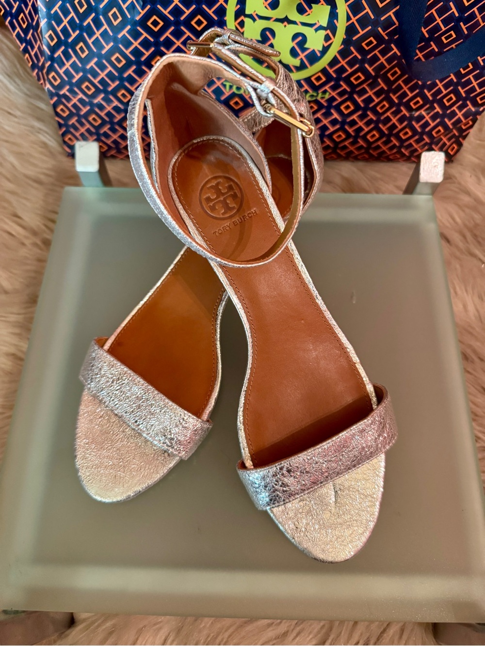 Tory Burch Silver Metallic Ankle-Strap Sandals